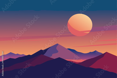 A stunning sunset over majestic mountains, with a bright moon