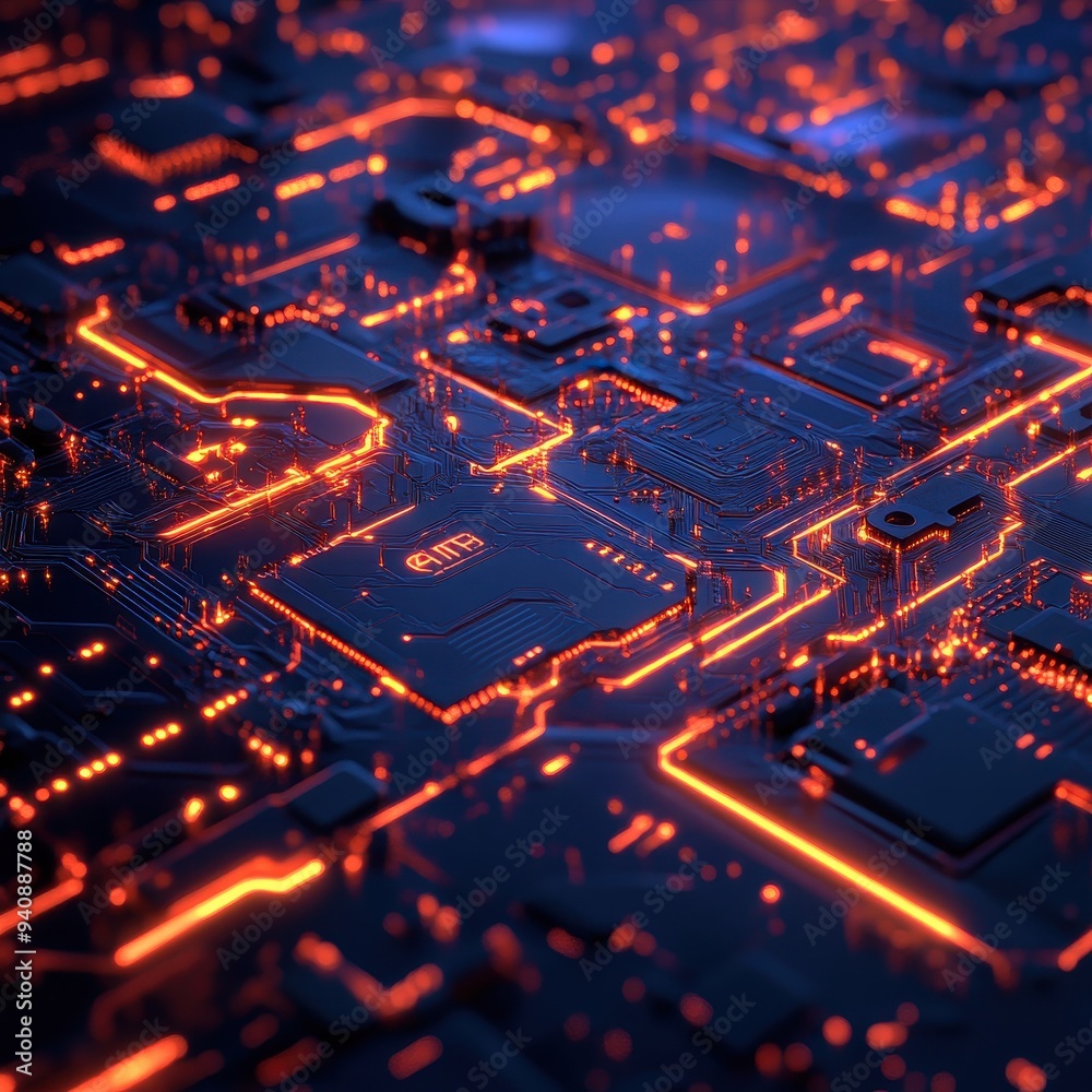 Abstract Close-Up of Circuit Board with Glowing Orange Lines. Abstract Close-Up of Circuit Board with Glowing Orange Lines.