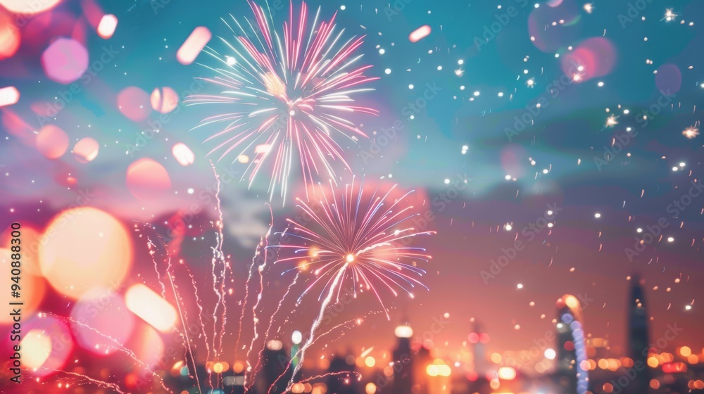 Vibrant fireworks illuminate the night sky, creating a festive atmosphere over a city skyline with colorful bokeh lights. Vibrant fireworks illuminate the night sky, creating a festive atmosphere over a city skyline with colorful bokeh lights.