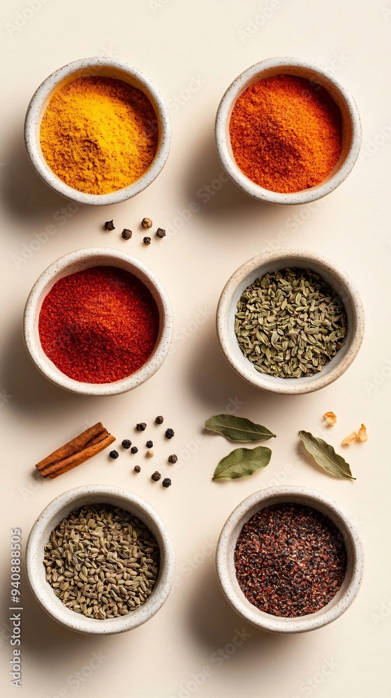 A colorful array of spices in small bowls, with a light solid color background A colorful array of spices in small bowls, with a light solid color background