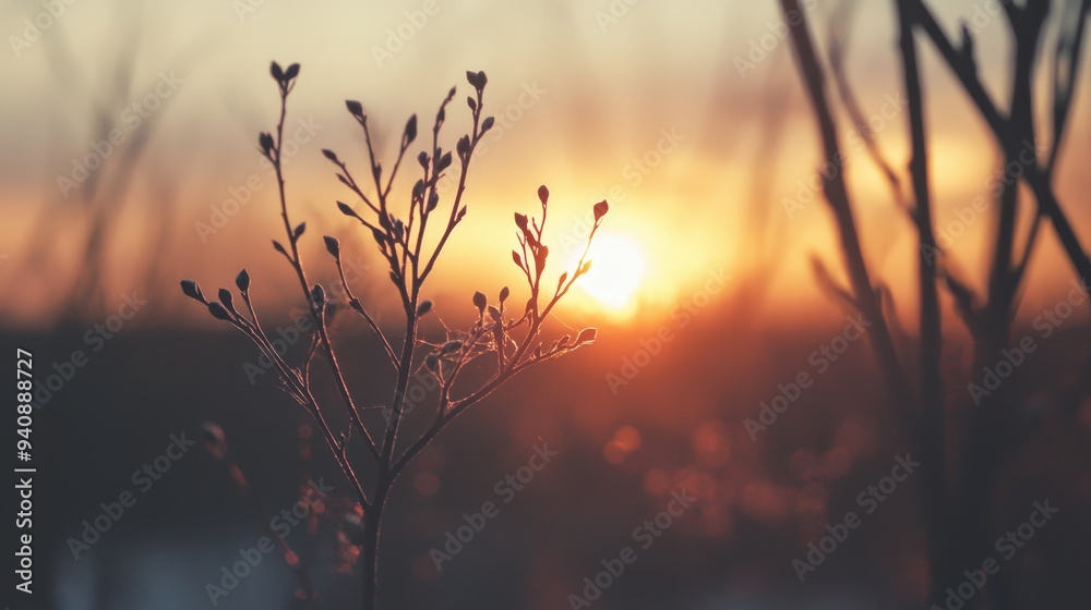A tight shot of a plant against a sunset backdrop in a blurred photograph A tight shot of a plant against a sunset backdrop in a blurred photograph