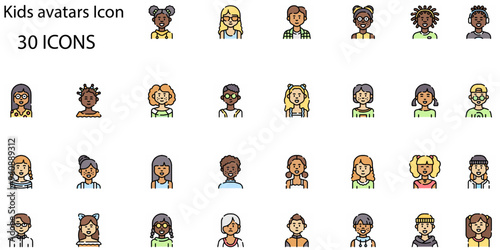 Set of Kids avatars icons. Line art style icons bundle. vector illustration