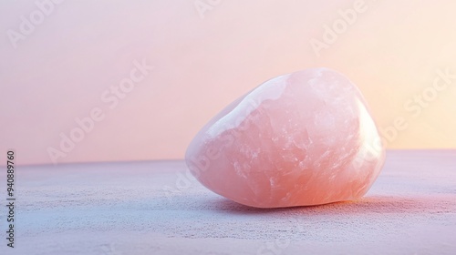 A close-up of a smooth, polished rose quartz stone, showcasing its translucent qualities, against a light pastel backdrop photo