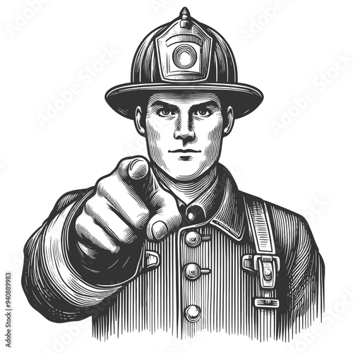 firefighter pointing directly forward, symbolizing bravery, recruitment, duty in firefighting service sketch engraving generative ai vector illustration. Scratch board imitation. Black and white image