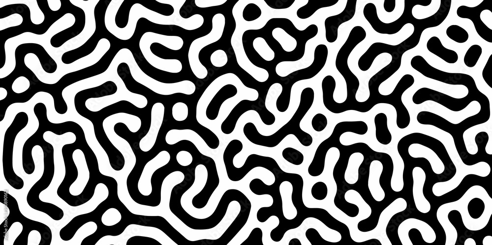 Fototapeta premium Abstract Turing organic wallpaper with background. Turing reaction diffusion monochrome seamless pattern with chaotic motion. Natural seamless line pattern. Linear design with biological shapes.
