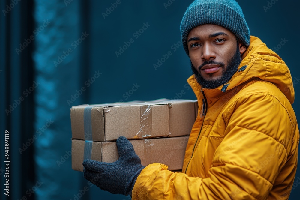 Man in yellow jacket carrying packages on a cold day Man in yellow jacket carrying packages on a cold day