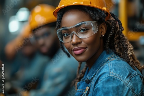 Woman in safety gear in an industrial setting, confidently smiling.