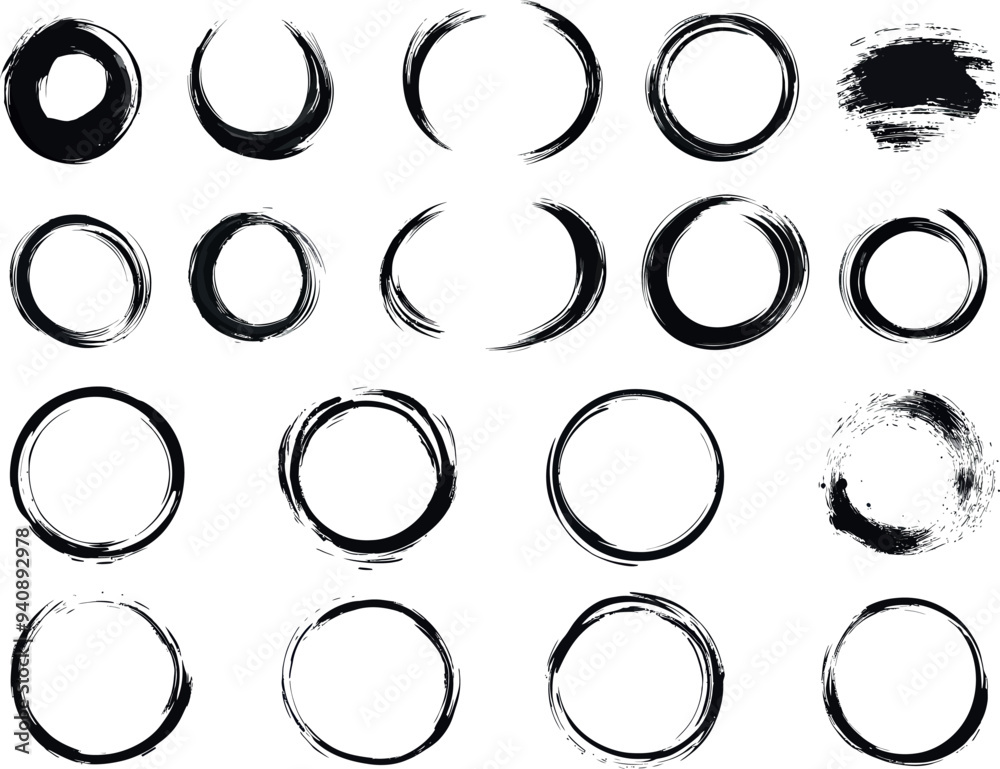 Black circle frames. Round line of black paint. Grunge round shapes. Circular ink brush strokes for design elements