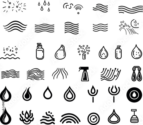 Icons with spray. Spray with water, perfume, aerosol, antiseptics, and paint.
