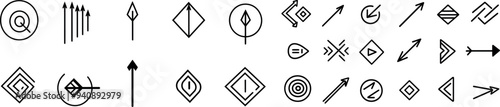Icons for interface websites and apps. Line arrows, various shapes and directions..
