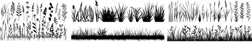 A set of black grass silhouettes. Grass border. Panorama of the lawn.