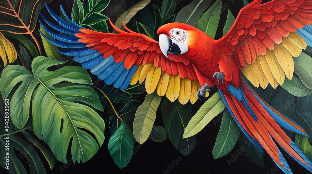 Fototapeta premium Energetic composition featuring parrots with vivid wings, flying in harmony through a lush tropical landscape filled with vibrant greenery
