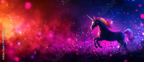 Enchanting scene of a unicorn with a vibrant rainbow mane, prancing through a starry, magical landscape