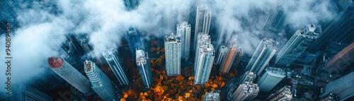 Contrast of Urbanization: Skyscrapers Amidst a Reclaimed Urban Park photo