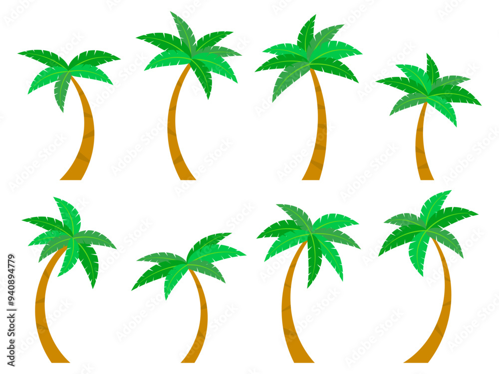 Obraz premium Palm trees icon set isolated on white background. Collection of tropical palm trees with green foliage. Tropical trees vector illustration. Design for banners, covers and posters.