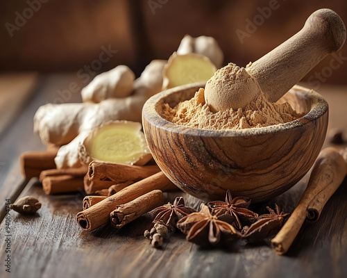 Ground ginger powder in a wooden bowl with fresh ginger root, cinnamon sticks, and star anise. photo