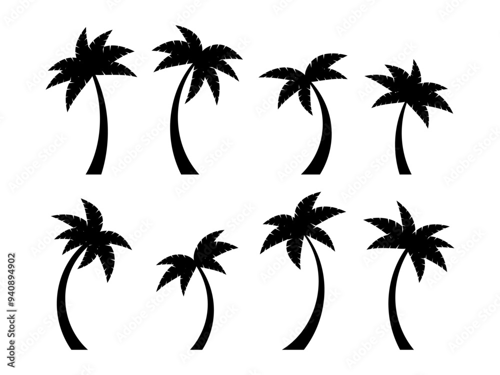 Obraz premium Black palm trees icon set isolated on white background. Collection of tropical palm trees silhouettes for poster, banner and promotional products. Summer time. Vector illustration