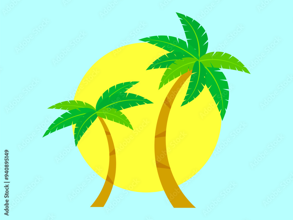 Obraz premium Two palm trees against the sun. Tropical palm trees with green foliage and sun on a blue background. Summer time. Design for advertising brochures, banners and travel agencies. Vector illustration