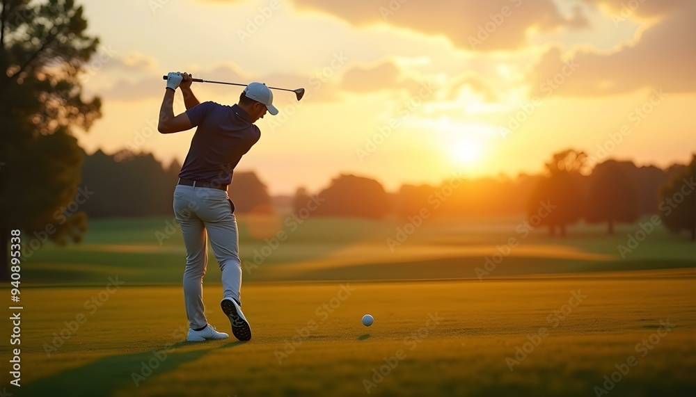 Golfer hit sweeping driver after hitting golf ball down the fairway with sunrise background, golf background, morning golf background
Golfer hit sweeping driver after hitting golf ball down the fairway with sunrise background, golf background, morning golf background