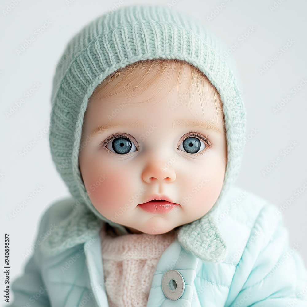 Azure Gaze: A baby with captivating blue eyes and a delicate mint bonnet gazes with wonder, capturing the innocence and beauty of childhood. Azure Gaze: A baby with captivating blue eyes and a delicate mint bonnet gazes with wonder, capturing the innocence and beauty of childhood.