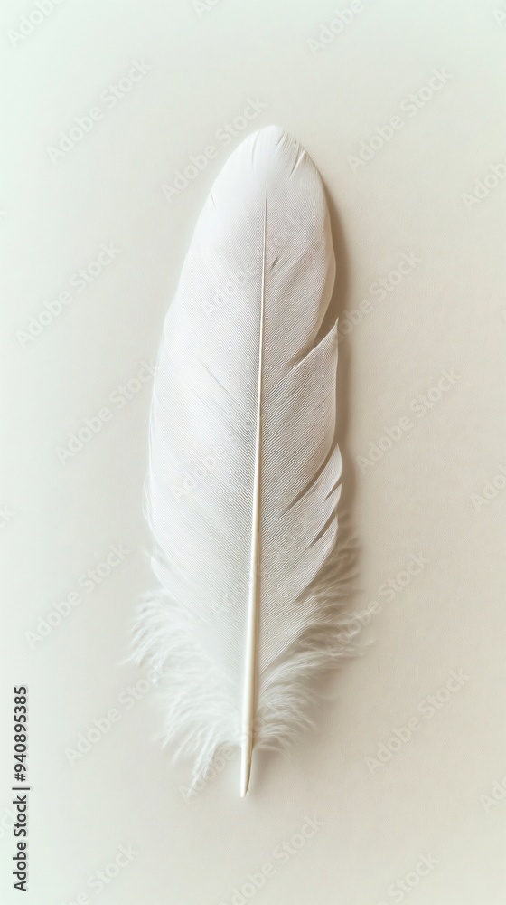 A single, beautifully detailed feather lying flat against a light solid color background, emphasizing its texture A single, beautifully detailed feather lying flat against a light solid color background, emphasizing its texture