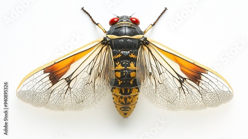 Top-down view of a colorful cicada insect showing its detailed body structure
