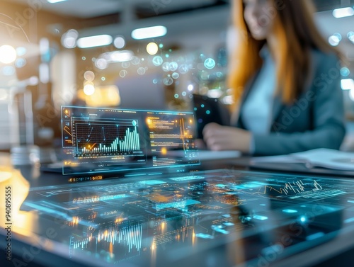 A businesswoman analyzing holographic financial data on a futuristic interface in a modern office, highlighting advanced technology and real-time analytics.