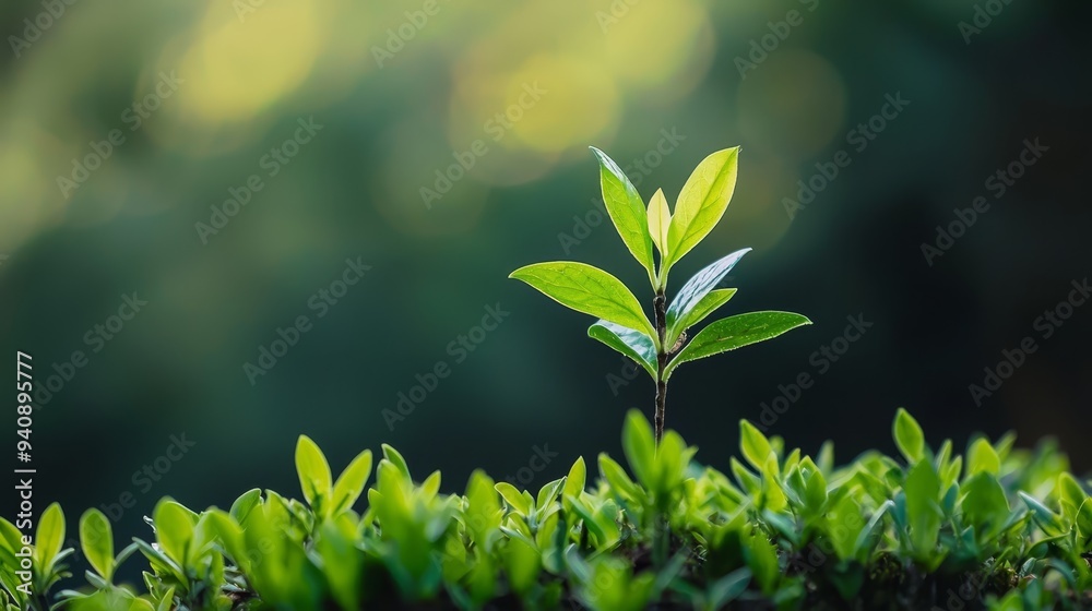 A tiny green plant emerges from a grassy foreground against a blurred backdrop of the forest A tiny green plant emerges from a grassy foreground against a blurred backdrop of the forest