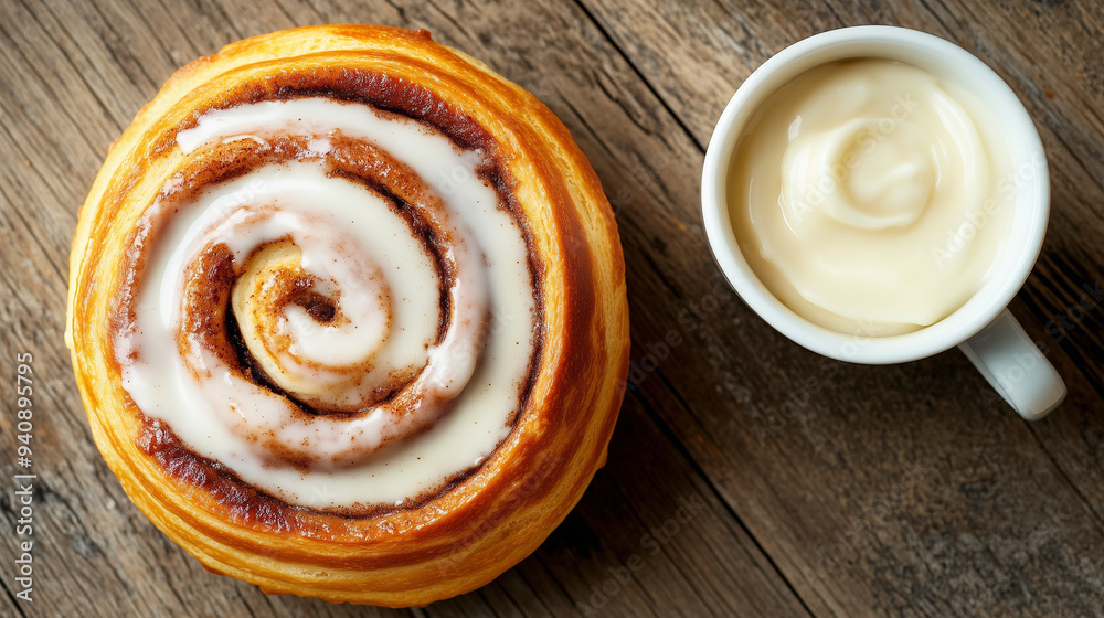 Fototapeta premium Cinnamon Roll Indulgence: A freshly baked cinnamon roll generously drizzled with icing sits beside a cup of steaming hot coffee on a rustic wooden table. 