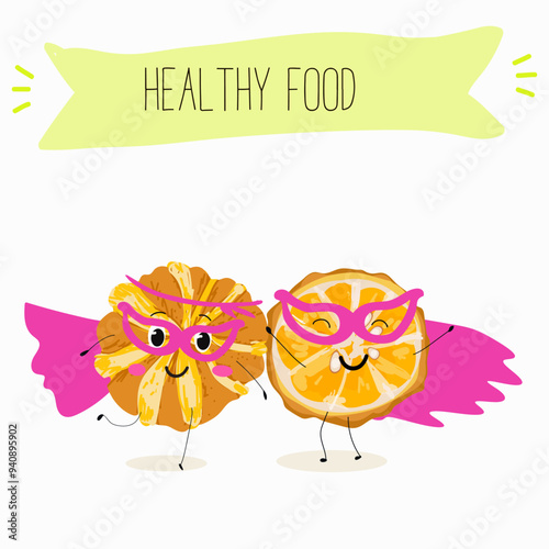 Orange Citrus, aurantium, Corrugato, funny characters fruits. Citrus aurantium Corrugato or bitter orange or bitter mandarin, pomeranian fruit. Hand drawn vector illustration.