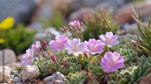  A cluster of tiny pink blooms emerging from a dirt patch near boulders and tufts of grass photo