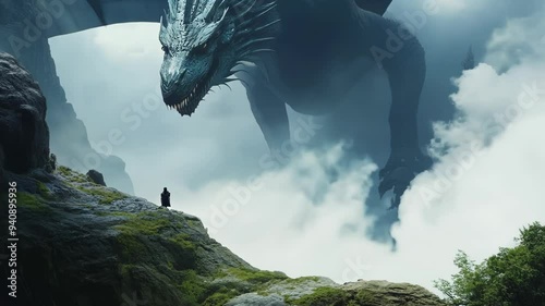 Massive dragon swoops through stormy skies above misty cliffs. Lone figure stands dwarfed on rocky outcrop, emphasizing creature's colossal scale. 