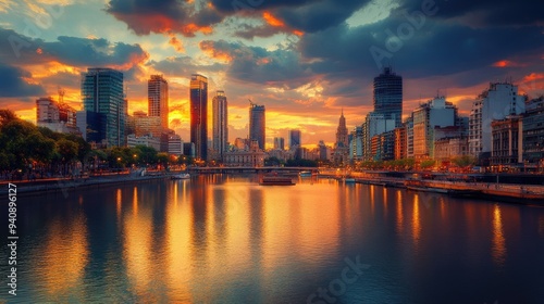 A beautiful view of Buenos Aires at sunset, highlighting the city's famous landmarks and lively ambiance.