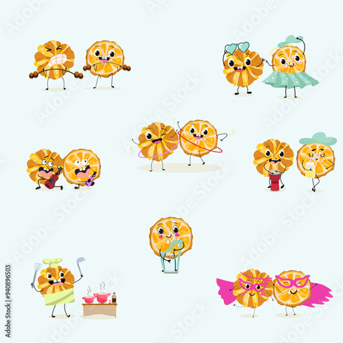 Orange Citrus, aurantium, Corrugato, funny characters fruits. Citrus aurantium Corrugato or bitter orange or bitter mandarin, pomeranian fruit. Hand drawn vector illustration.
