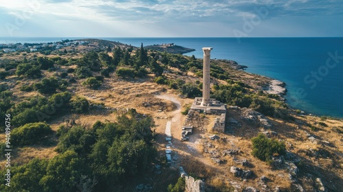 A bird-eye view of the Temple of Apollo on Aigina Island, highlighting the ancient pillar that remains atop Kolona Hill. photo