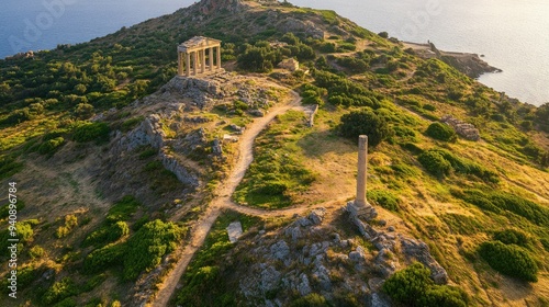 A bird-eye view of the Temple of Apollo on Aigina Island, highlighting the ancient pillar that remains atop Kolona Hill. photo