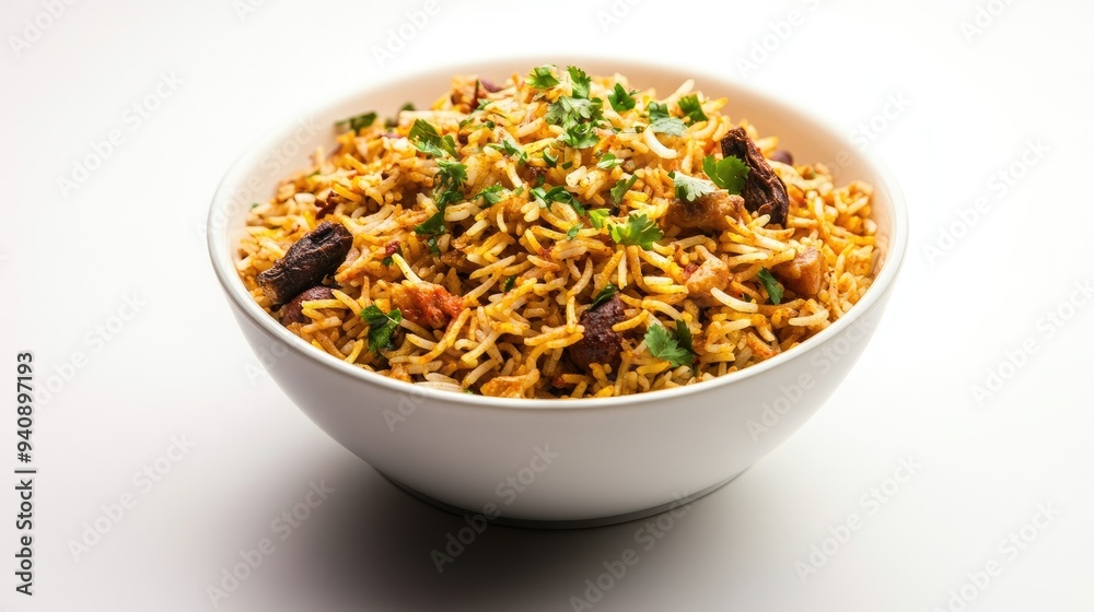 A bowl of fragrant Indian biryani with aromatic spices, placed on a clean white background.