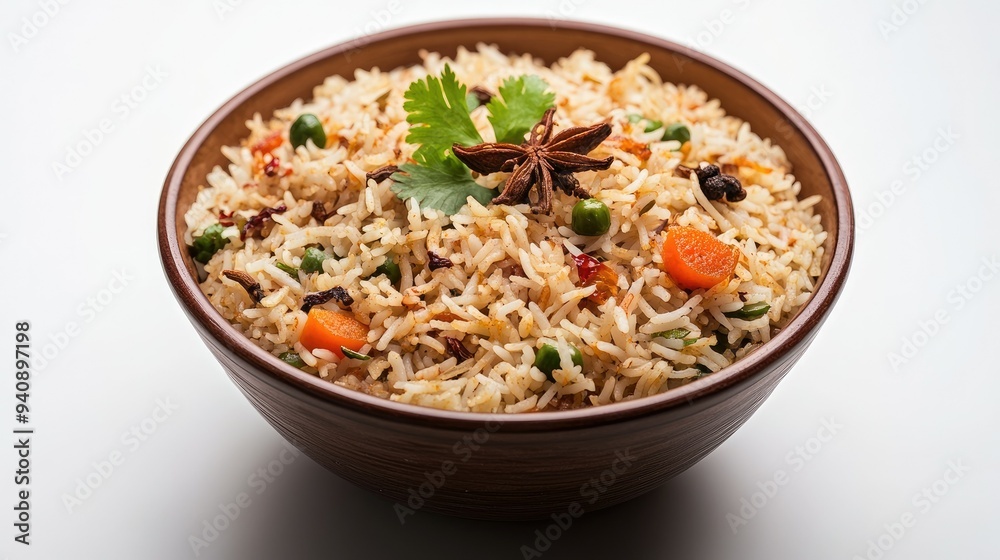 A bowl of fragrant Indian biryani with aromatic spices, placed on a clean white background. A bowl of fragrant Indian biryani with aromatic spices, placed on a clean white background.