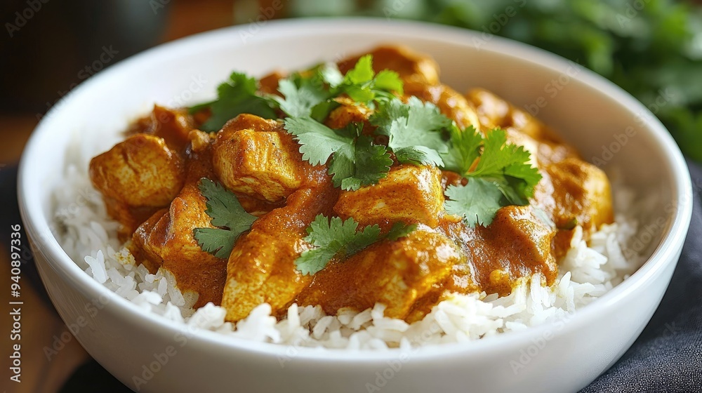 A bowl of spicy Indian chicken curry served with aromatic basmati rice, garnished with fresh cilantro. A bowl of spicy Indian chicken curry served with aromatic basmati rice, garnished with fresh cilantro.