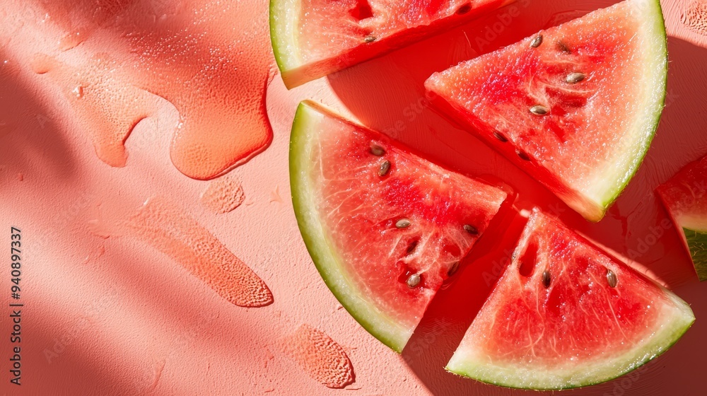 Three slices of watermelon atop a table, one beside a lone slice of lime Three slices of watermelon atop a table, one beside a lone slice of lime