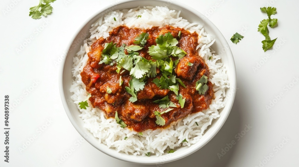 A bowl of spicy Indian curry served with rice and garnished with fresh herbs on a white background. A bowl of spicy Indian curry served with rice and garnished with fresh herbs on a white background.