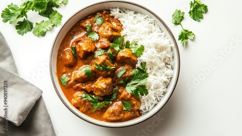 A bowl of spicy Indian curry served with rice and garnished with fresh herbs on a white background.