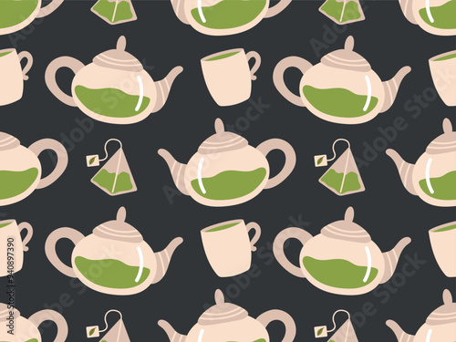 Seamless pattern with teapot, cups, tea bag on black background