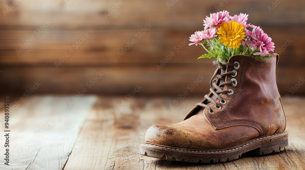 Old boot repurposed as a vase, with a vibrant bouquet emerging from the ...