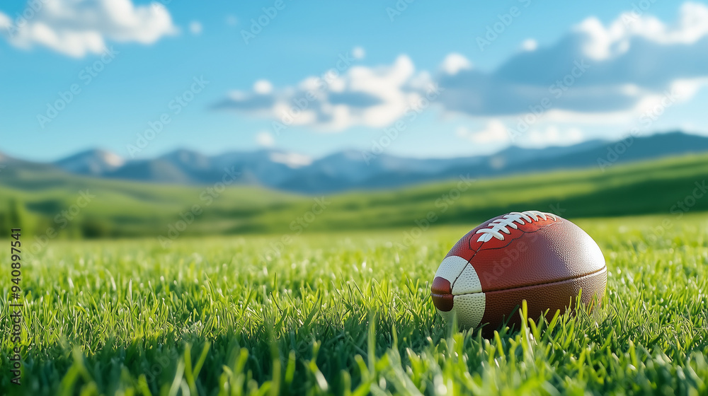 American Football Field Dream: A weathered, brown football lies on a lush green field, with towering mountains and a picturesque sky in the background. American Football Field Dream: A weathered, brown football lies on a lush green field, with towering mountains and a picturesque sky in the background.