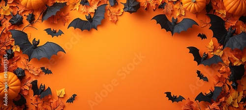 Vibrant Halloween scene featuring black bats, ghosts, and pumpkins on an orange background, ideal for holiday invitations and decorations with copy space.