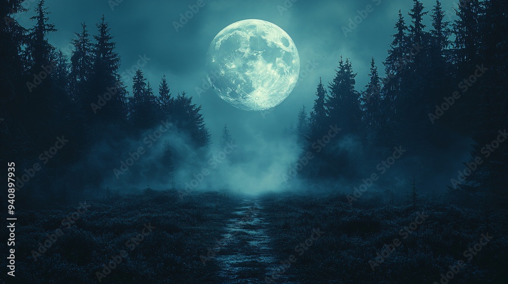 A mysterious Halloween backdrop featuring a moonlit path through a foggy forest, ideal for spooky designs and eerie atmospheres with copy space. A mysterious Halloween backdrop featuring a moonlit path through a foggy forest, ideal for spooky designs and eerie atmospheres with copy space.