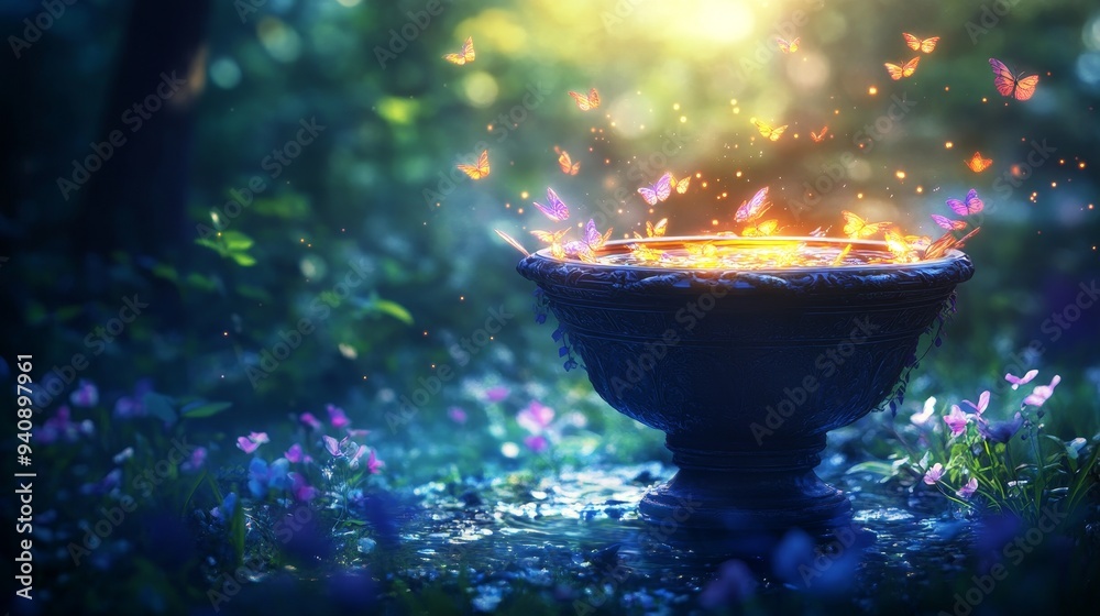Ornate vase encircled by tiny, mythical creatures with vibrant wings, nestled in a forest clearing bathed in twilight Ornate vase encircled by tiny, mythical creatures with vibrant wings, nestled in a forest clearing bathed in twilight