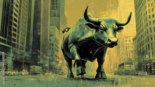 Vibrant Bull Market in Dynamic Exchange with Vintage Financial Poster Aesthetic