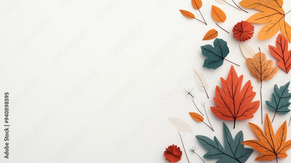 Obraz premium Autumn leaves scattered on white textured background, fall season border or frame, natural foliage decoration for thanksgiving invitation or october mood, minimal seasonal design